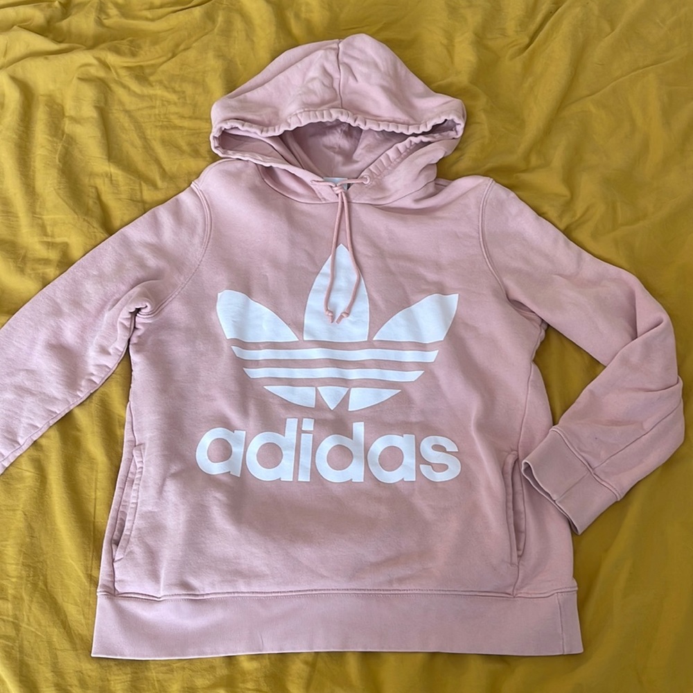Adidas light pink hoodie, size medium, with pockets!